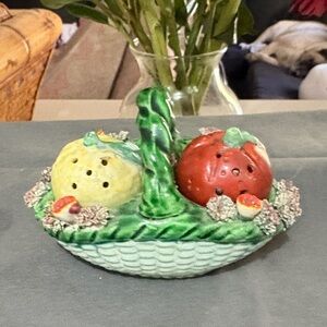 Vintage Occupied Japan Basket Holding Fruit Salt & Pepper Shakers
